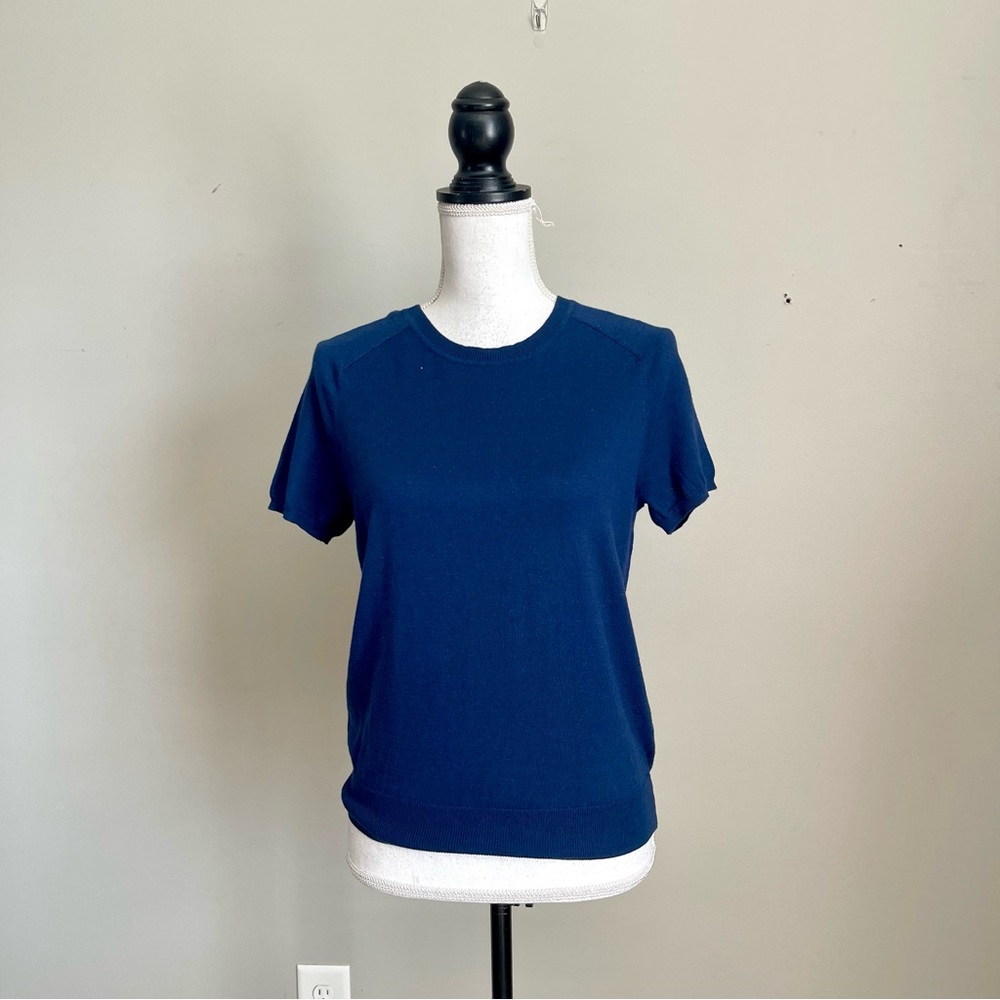 IRIS & INK | Navy Blue Short Sleeve Silk Blend Knit Sweater Sz S